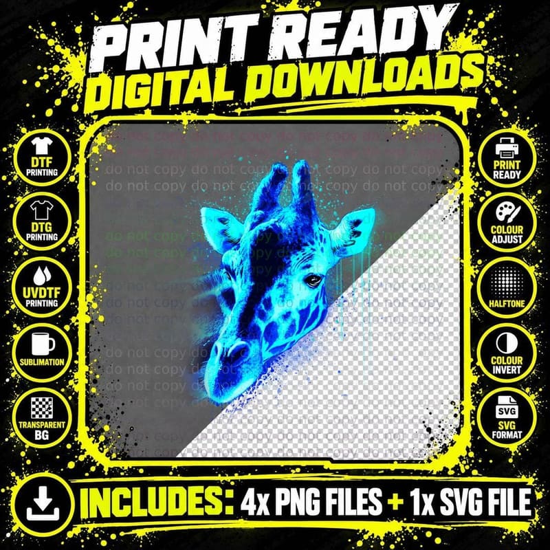 Blue Giraffe Head T-Shirt, Pop Art Style Png SVG Digital Bundle