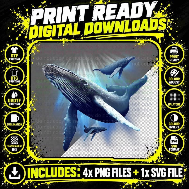 Blue Whale Humpback Marine Sea Animal Ocean Save Whales Png SVG Digital Bundle