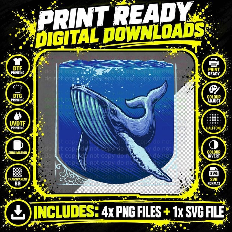 Blue Whale Ocean Water White Frame T-Shirt Png SVG Digital Bundle