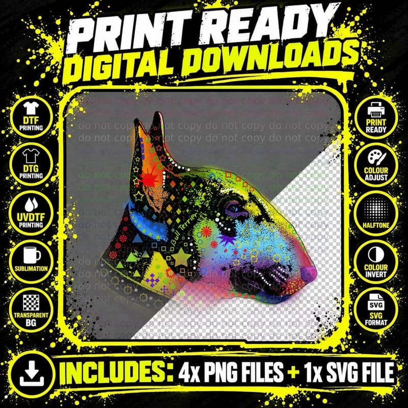 Bull Terrier T-Shirt, Colorful Pop Art Design Png SVG Digital Bundle