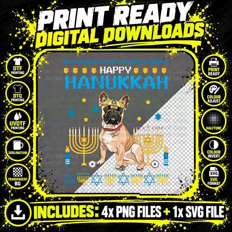 Bulldog Chanukah Jewish Ugly Hanukkah Sweater Pajama Png SVG Digital Bundle