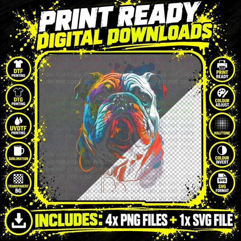 Bulldog Colorful Neon Paint Splatter Art T-Shirt Png SVG Digital Bundle
