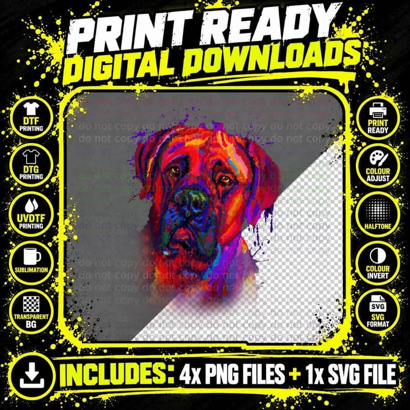 Bullmastiff Portrait T-Shirt, Colorful Splash Art Png SVG Digital Bundle