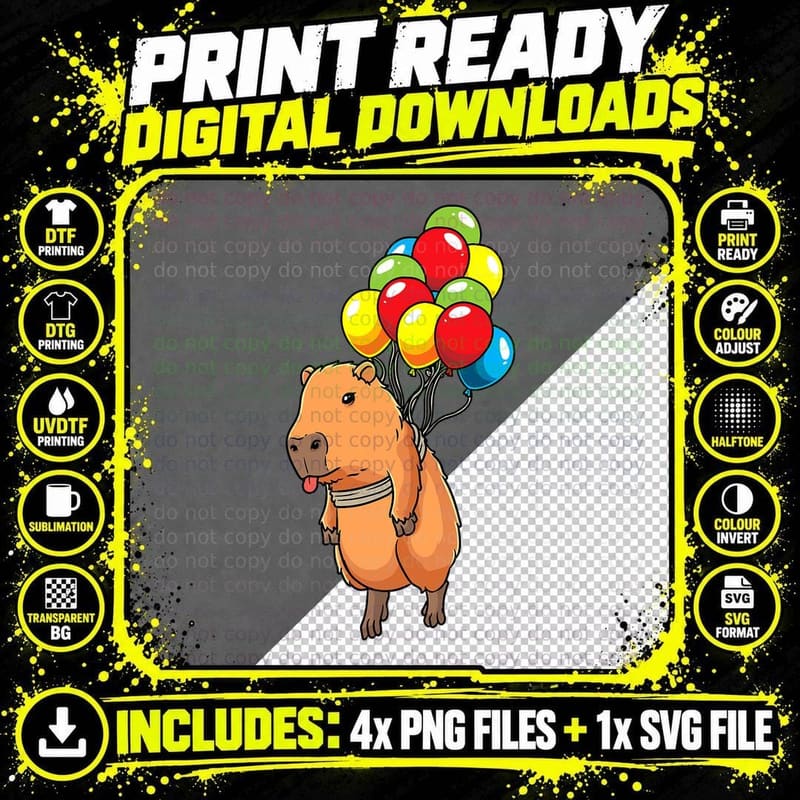 Capybara Giant Cavy Rodent with Balloons Capybara T-Shirt Png SVG Digital Bundle