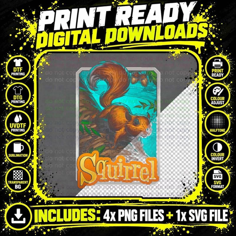Cartoon Squirrel Halftone Turquoise Orange Brown Animal Png SVG Digital Bundle