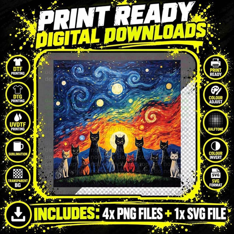 Cats Family Painting Art Starry Night Kitty Kitten Van Png SVG Digital Bundle
