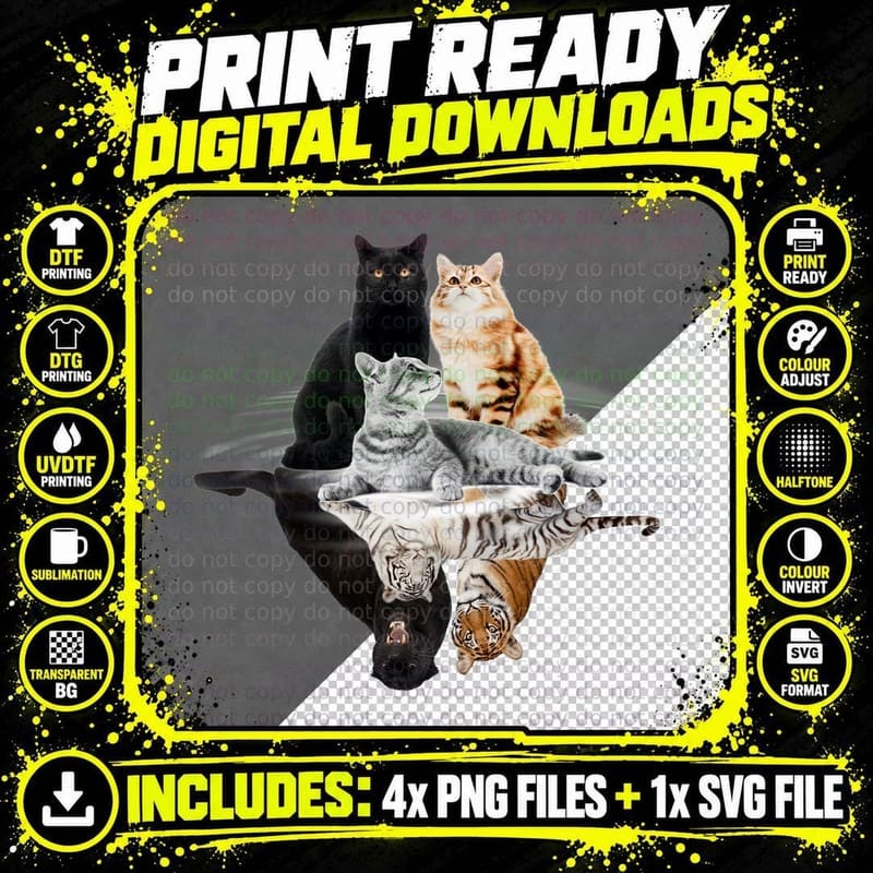 Cats Tiger Lion T-Shirt, Animal Print Art Png SVG Digital Bundle