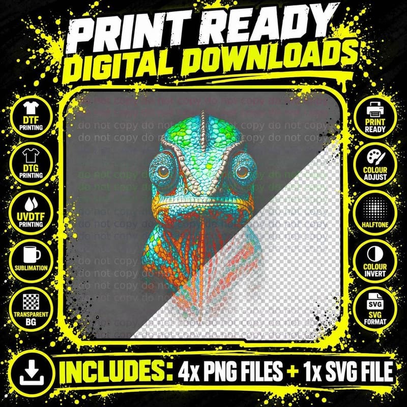 Chameleon T-Shirt, Halftone Chameleon Portrait Graphic Png SVG Digital Bundle