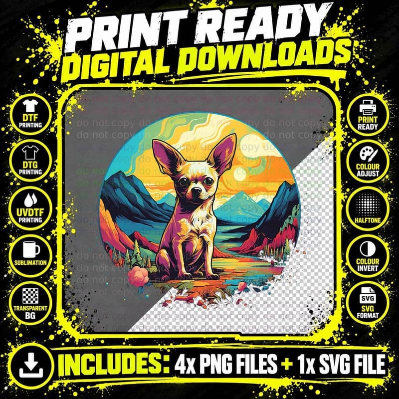 Chihuahua Portrait T-Shirt, Colorful Landscape Print Png SVG Digital Bundle