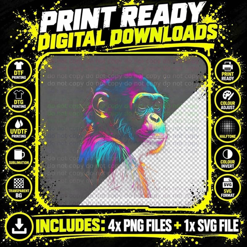 Chimpanzee Multi-Color Rainbow Halftone Chimp Animal Png SVG Digital Bundle