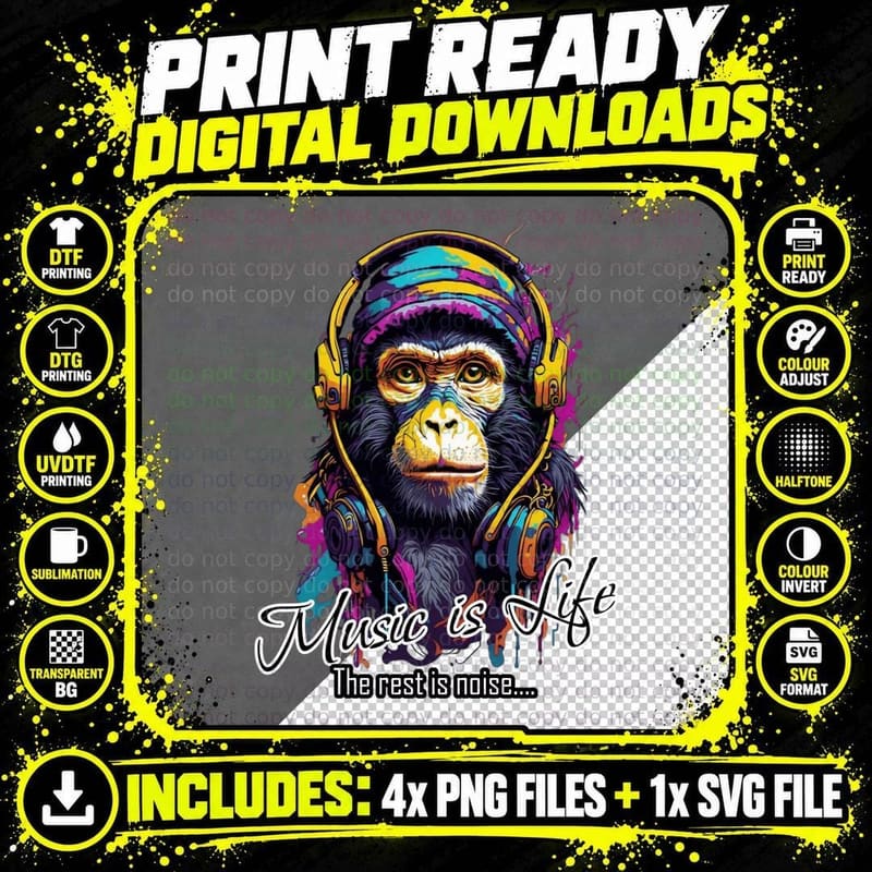 Chimpanzee Music T-Shirt, Animal Art Print, Wildlife Tee Png SVG Digital Bundle