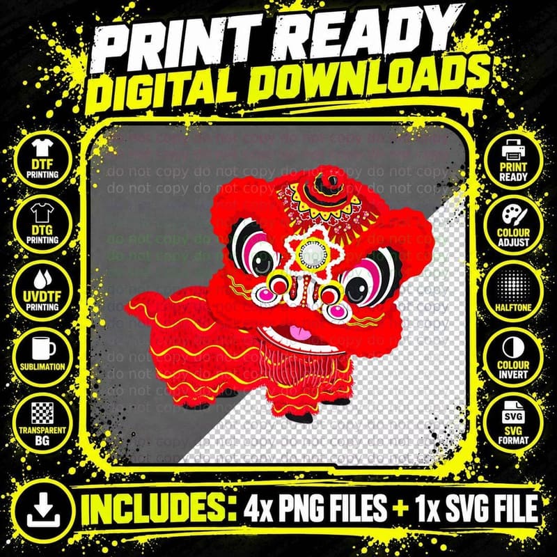 Chinese Cute Traditional Dancing Lion Art Happy New Year Png SVG Digital Bundle