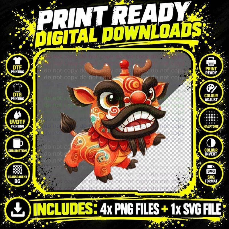 Chinese Lion Dance Mascot Lunar New Year T-Shirt Png SVG Digital Bundle