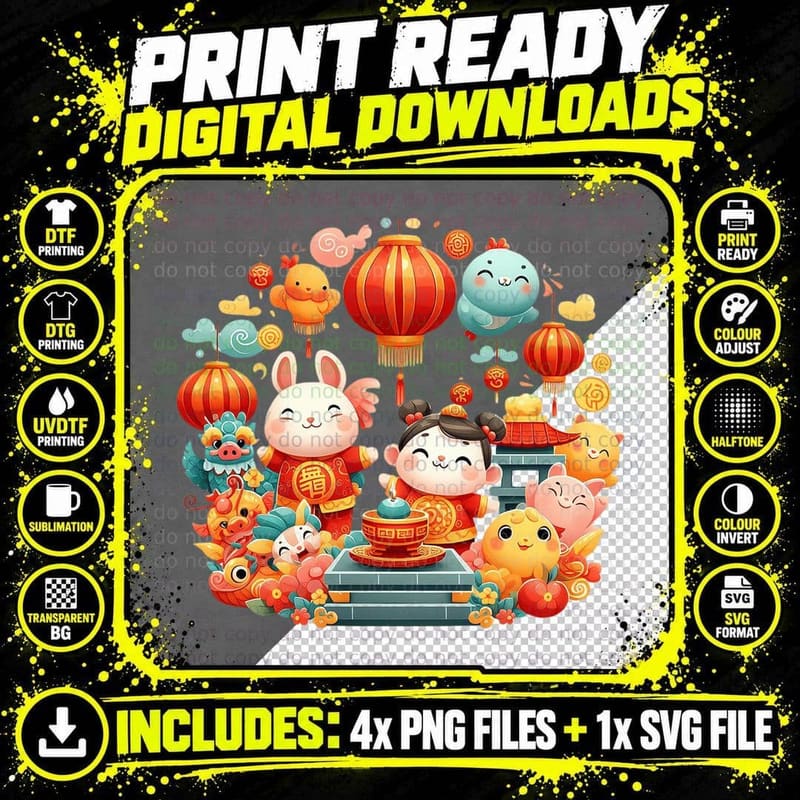 Chinese New Year Celebration with Animals Lunar New Year Png SVG Digital Bundle