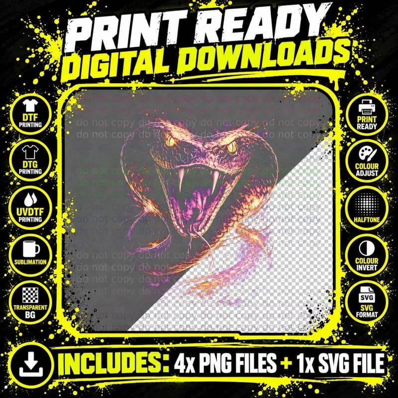 Cobra T-Shirt, Halftone Neon Cobra Fangs Graphic Tee Png SVG Digital Bundle