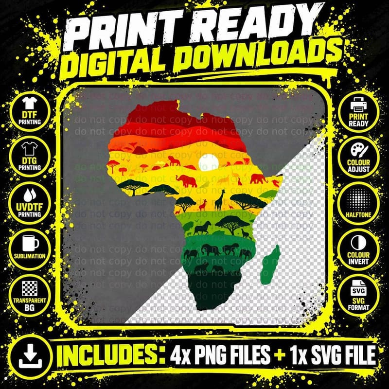 Colorful African Wildlife Silhouette Map Kwanzaa T-Shirt Png SVG Digital Bundle