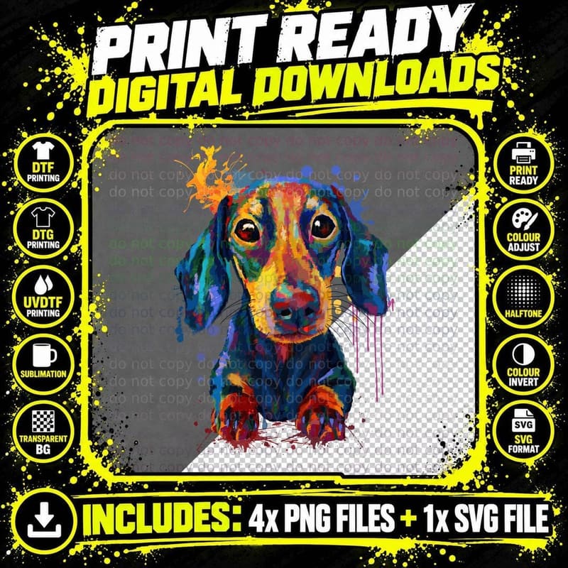 Colorful Dachshund T-Shirt, Pop Art Style Png SVG Digital Bundle