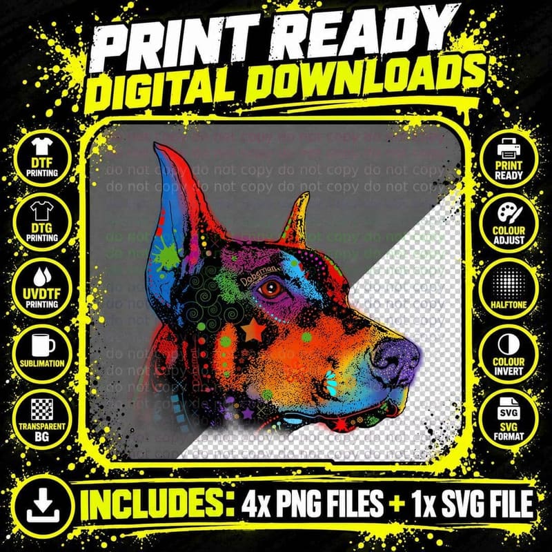 Colorful Doberman T-Shirt, Pop Art Style Png SVG Digital Bundle