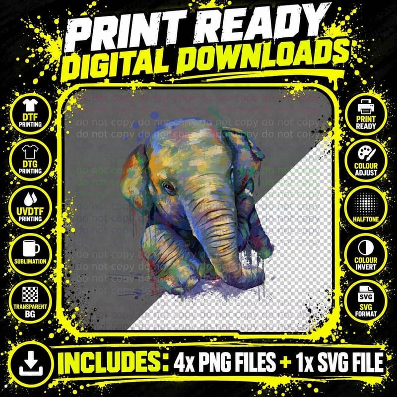Colorful Elephant T-Shirt, Abstract Art Print Png SVG Digital Bundle