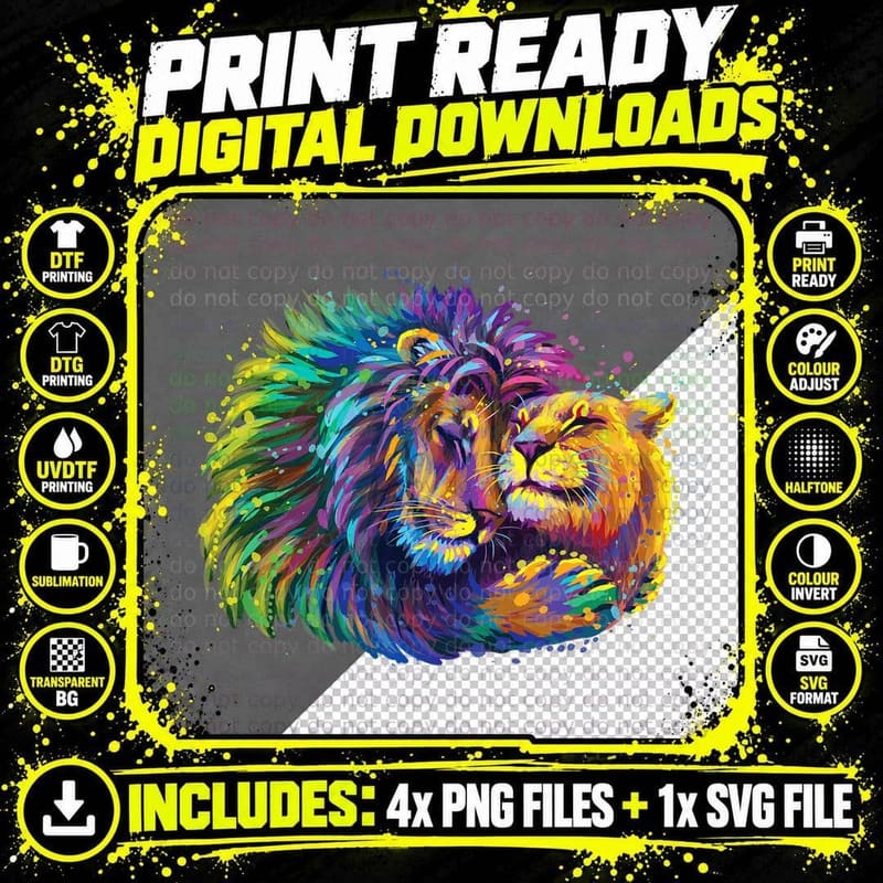 Colorful Lion Embraces Lioness in Love Splash Art for Png SVG Digital Bundle