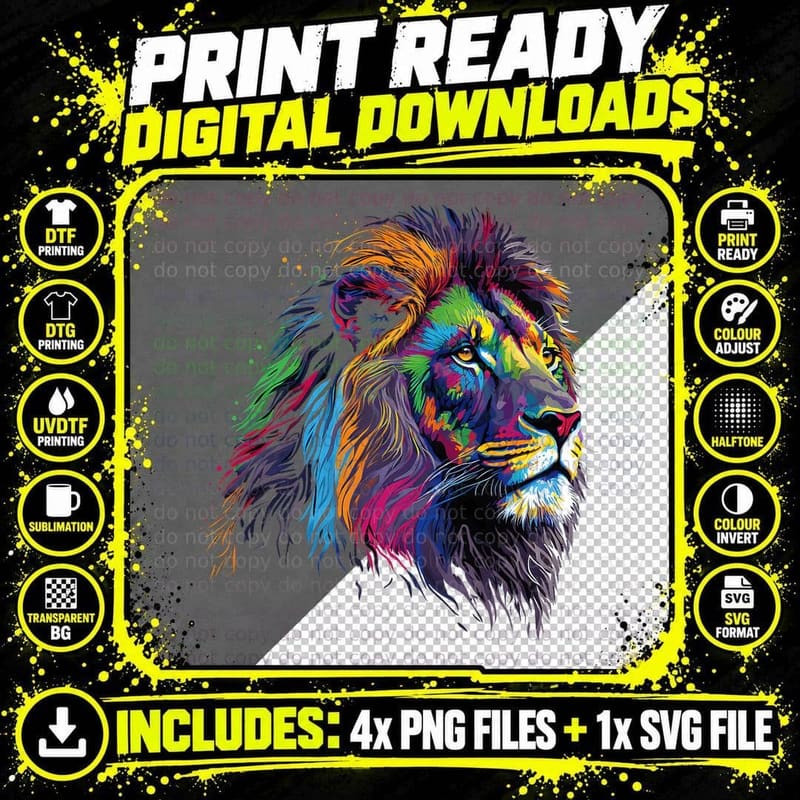 Colorful Lion Head Design Pop Art Style, Animal Print Png SVG Digital Bundle