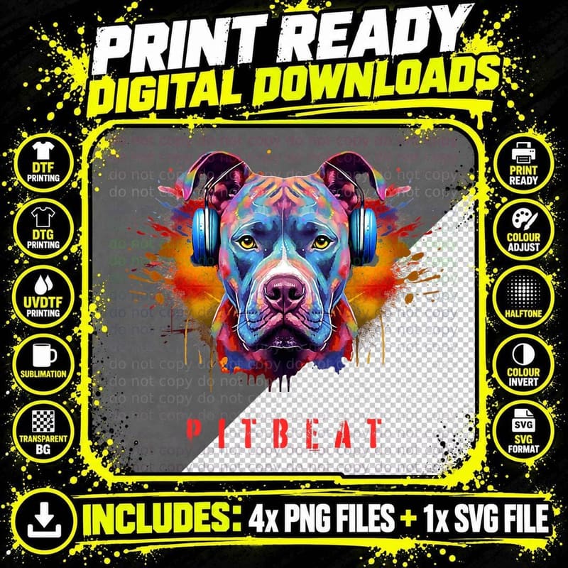 Colorful Pitbull Headphones T-Shirt, Music Lover Style Png SVG Digital Bundle