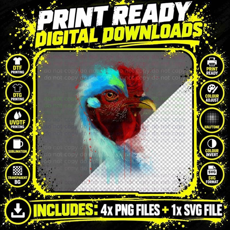 Colorful Rooster Head T-Shirt, Abstract Art Style Png SVG Digital Bundle
