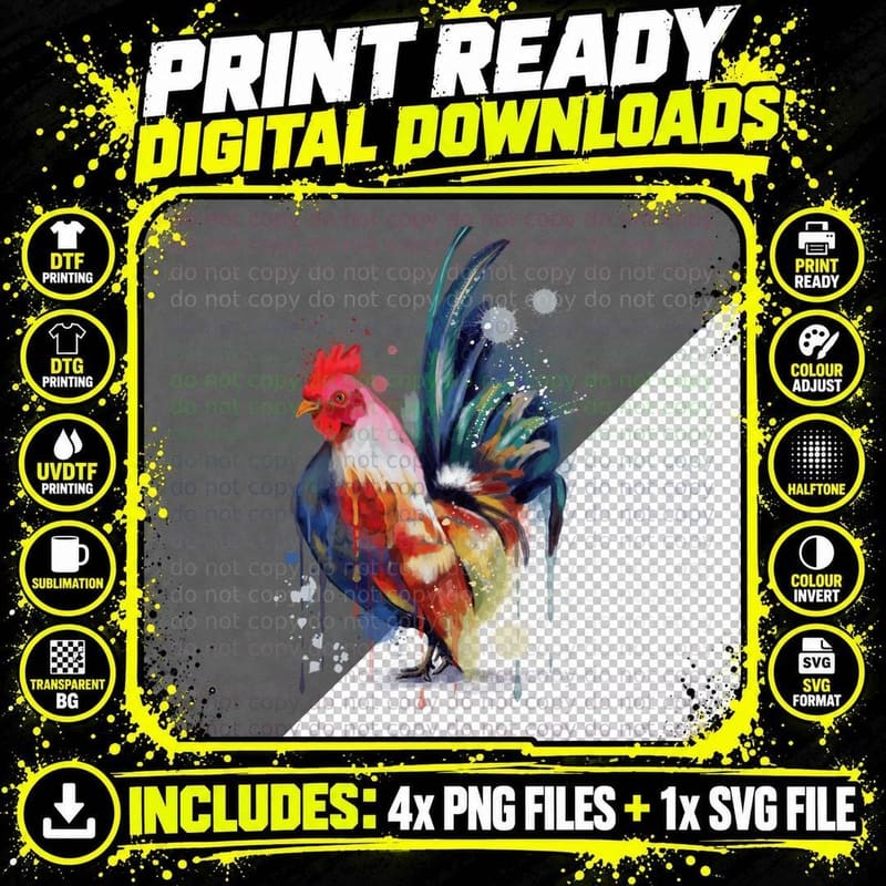 Colorful Rooster T-Shirt, Watercolor Art Png SVG Digital Bundle