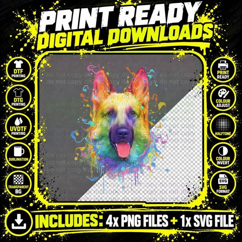 Colorful Splash Art German Shepherd Portrait GSD Owner Png SVG Digital Bundle