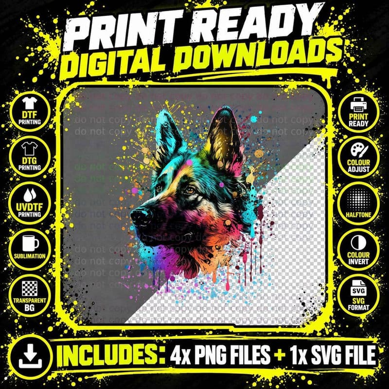 Colorful Splash Art German Shepherd Portrait Puppy Owner Png SVG Digital Bundle