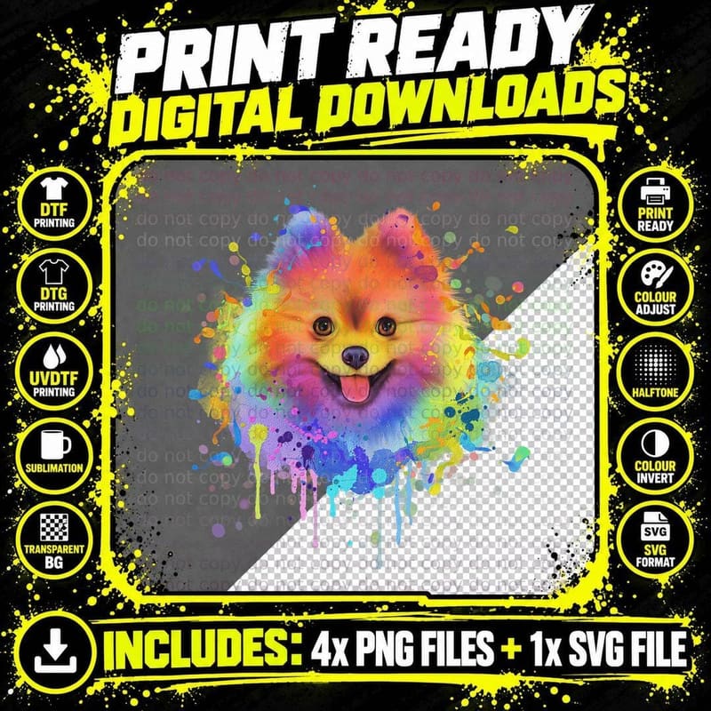 Colorful Splash Art Pomeranian Portrait Pom Puppy Owner Png SVG Digital Bundle