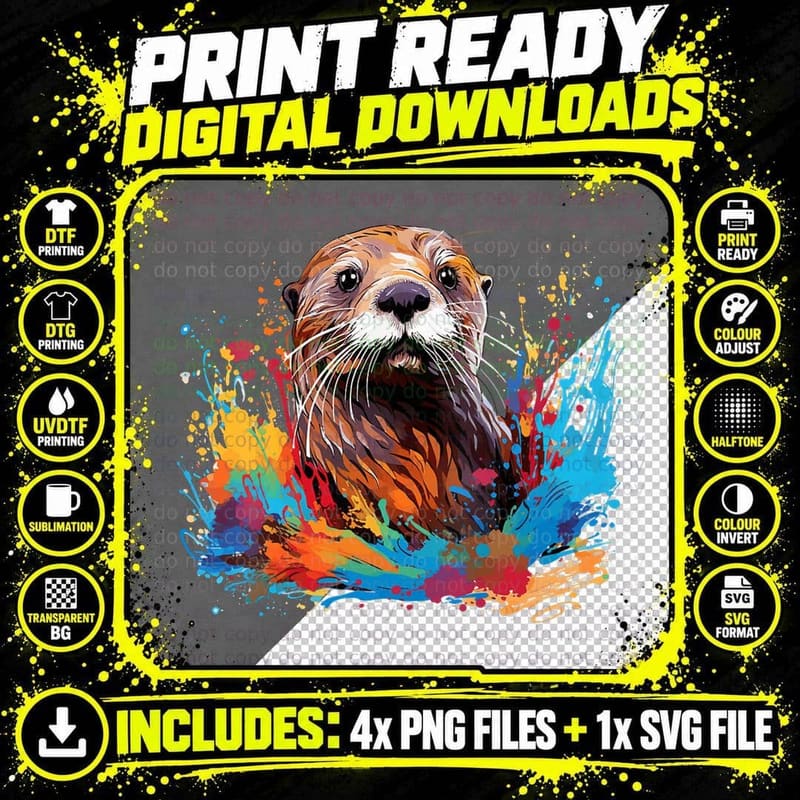 Colorful Splash Art Sea Otter Animal Lover Png SVG Digital Bundle