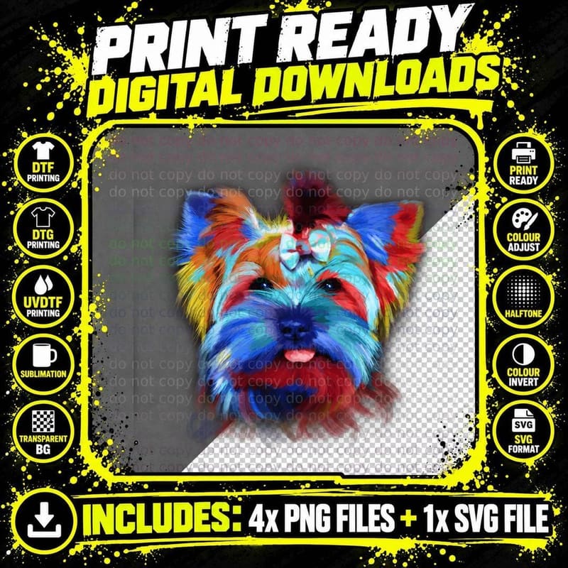 Colorful Yorkie T-Shirt, Pop Art Style, Pet Lover Apparel Png SVG Digital Bundle