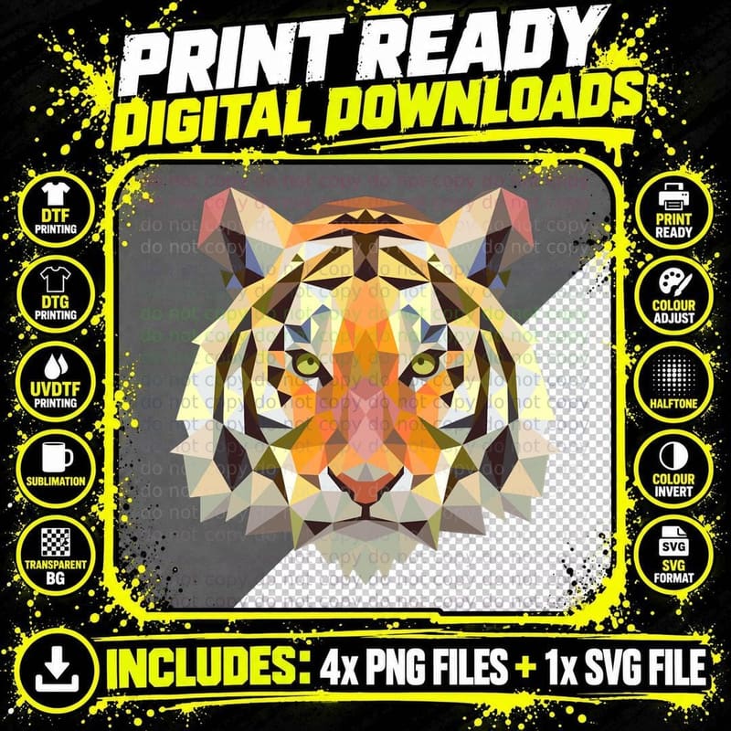 Cool Bengal Tiger Face Geometric Art Wildlife Animal Png SVG Digital Bundle