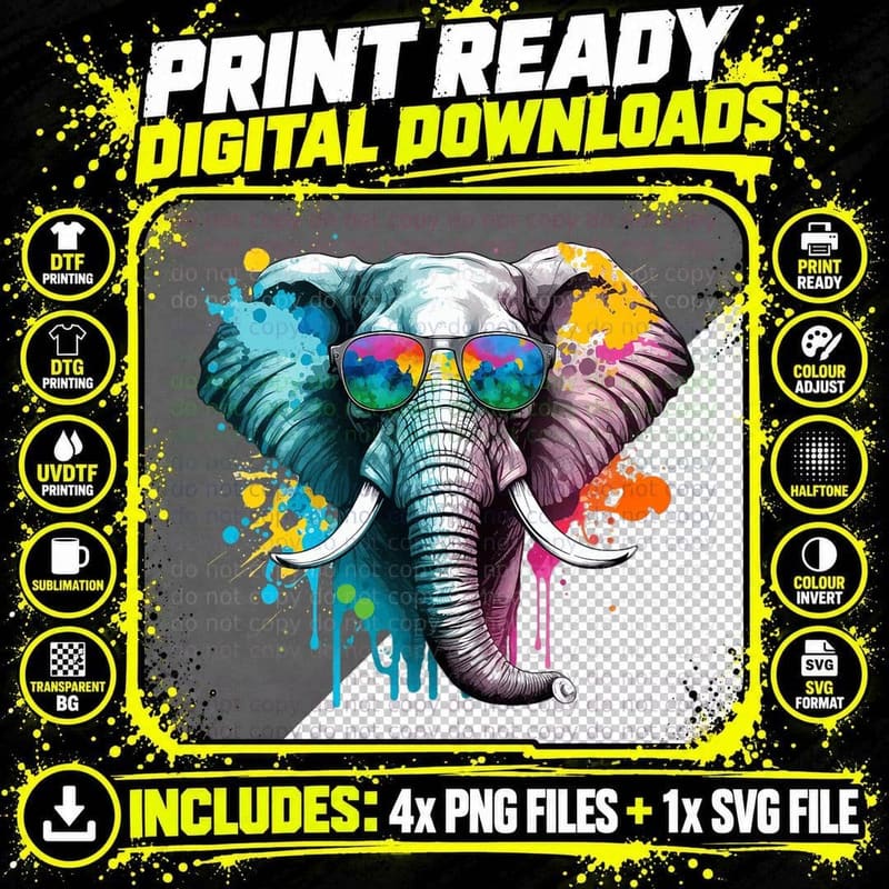 Cool Colorful Elephant Animal Elephant Lovers T-Shirt Png SVG Digital Bundle