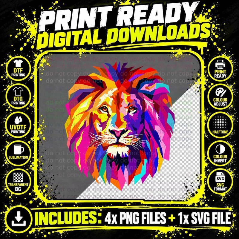 Cool Lion Head Design with Bright Colorful T-Shirt Png SVG Digital Bundle