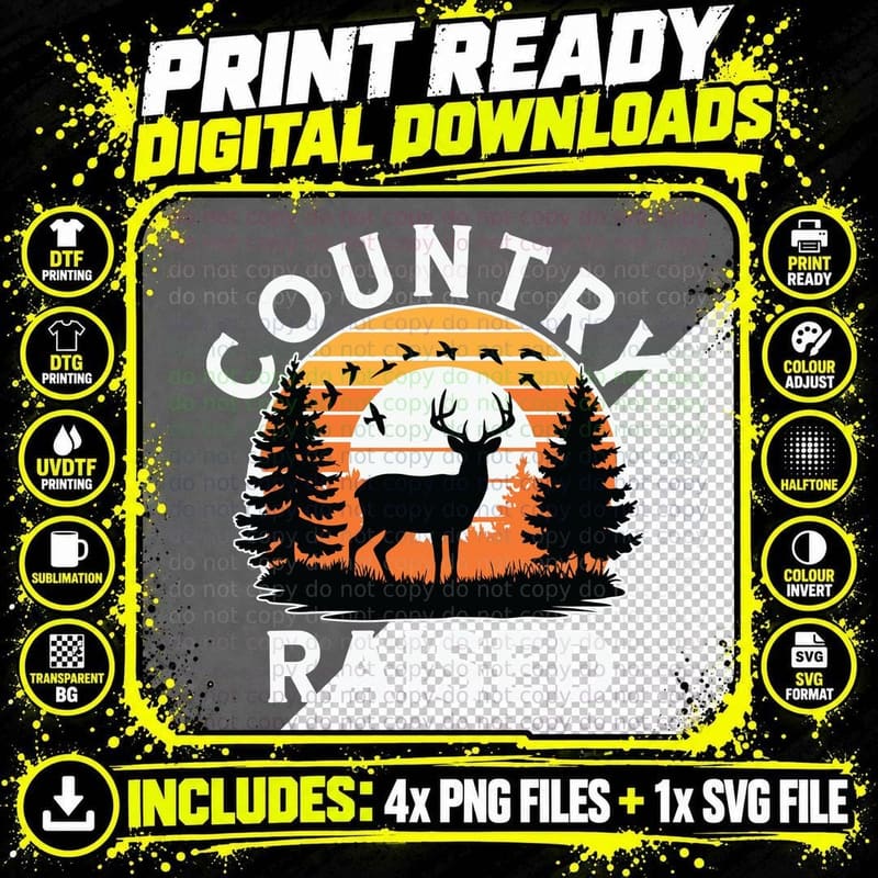 Country Raised Hunting T-Shirt, Deer Silhouette Forest Png SVG Digital Bundle