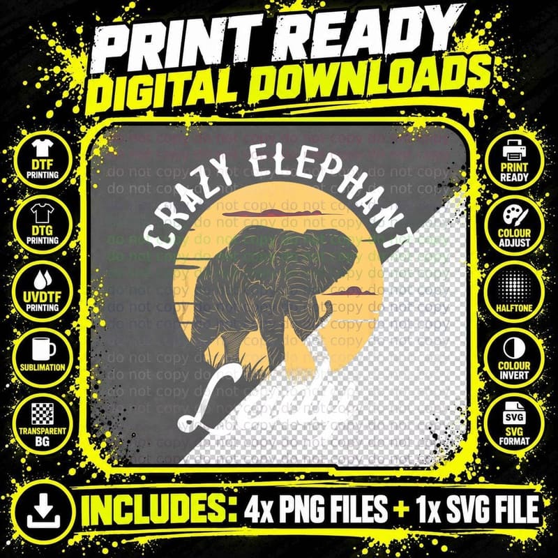 Crazy Elephant Lady Zoo Animal Lover Zookeeper Safari Png SVG Digital Bundle