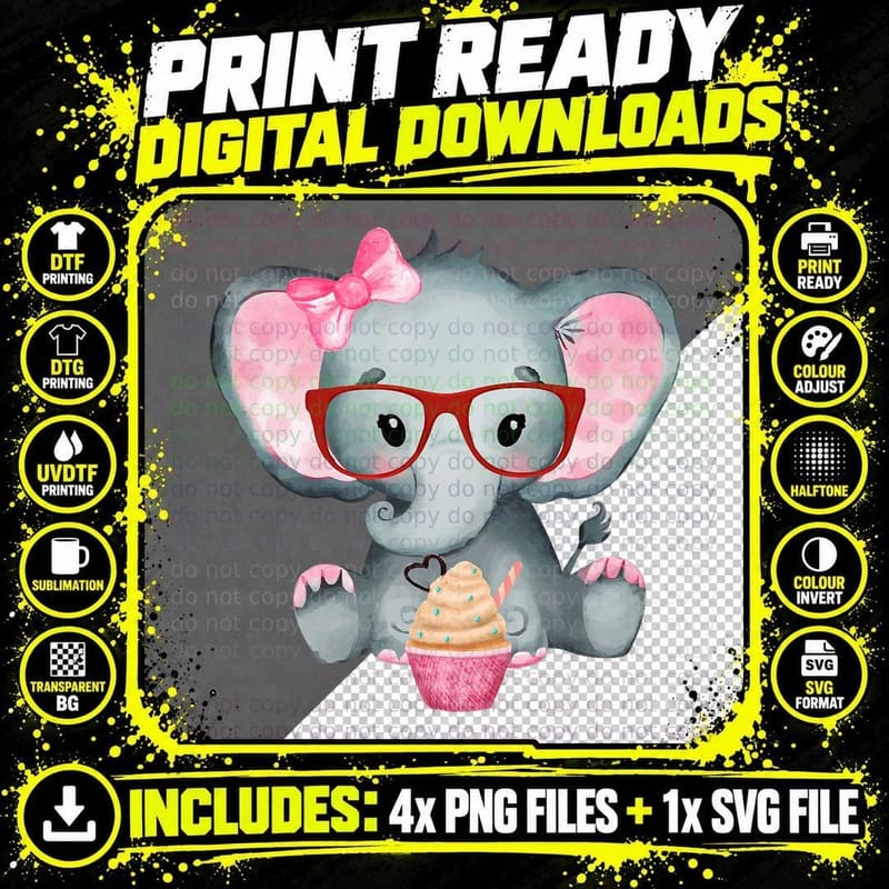 Cute Girl Baby Elephant Wearing Bow Tie & Glasses W Png SVG Digital Bundle