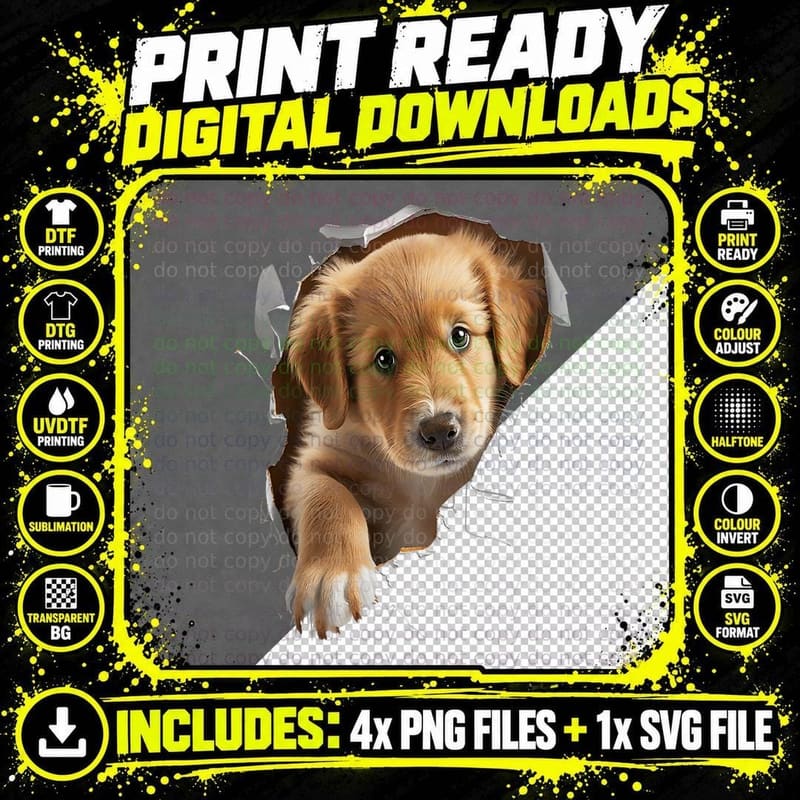 Cute Golden Retriever Puppy Breaking Through T-Shirt Png SVG Digital Bundle