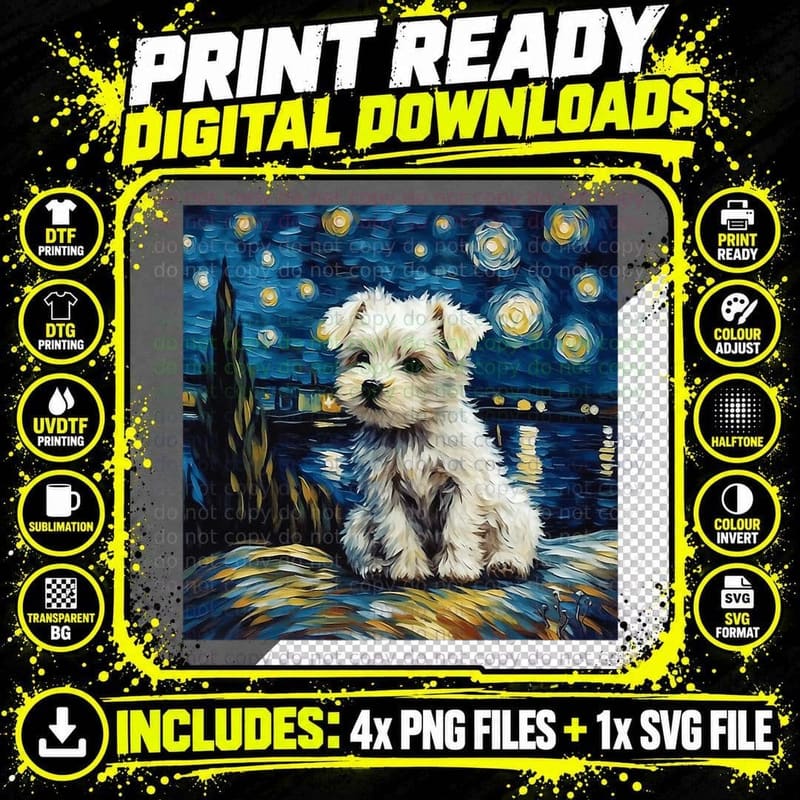 Cute Maltese Puppy T-Shirt, Starry Night Painting Style Png SVG Digital Bundle