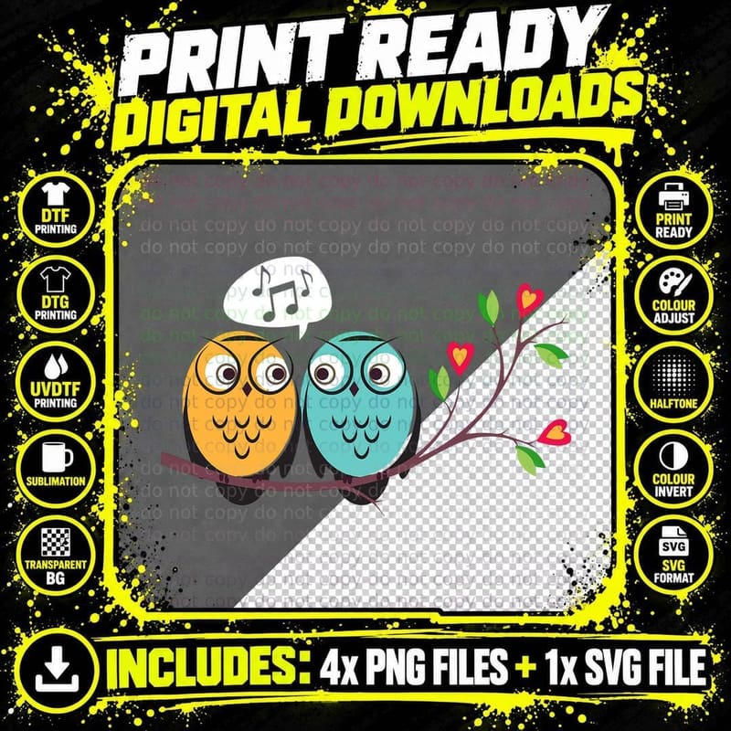 Cute Owls and Music T-Shirt, Whimsical Animal Print Png SVG Digital Bundle