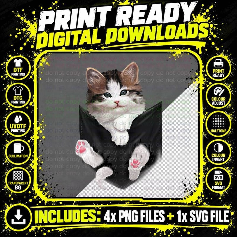 Cute White Kitty in Pocket T-Shirt Cats Tee Shirt Gifts Png SVG Digital Bundle