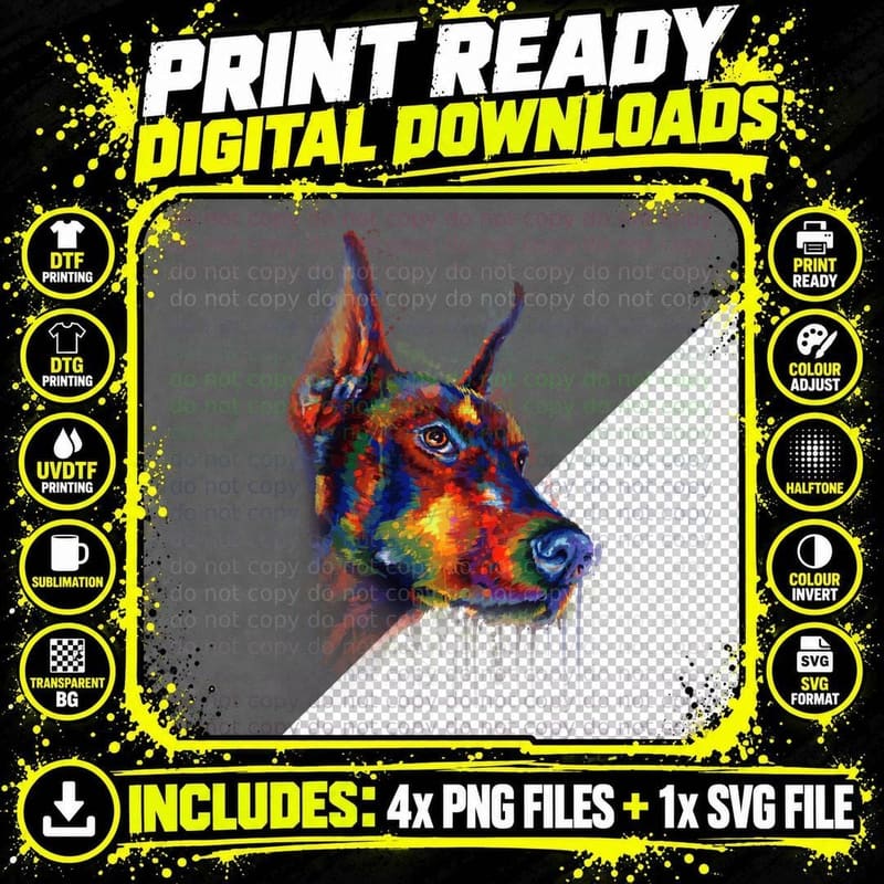 Doberman Pinscher T-Shirt, Colorful Splash Art Png SVG Digital Bundle