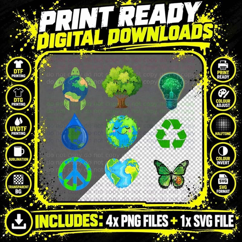 Earth Day Peace Go Plant Save Water Rescue Animals Png SVG Digital Bundle