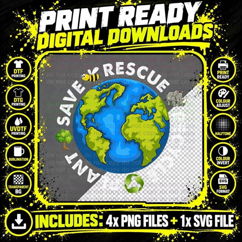 Earth Day Save Bees Rescue Animals Recycle Plastics Png SVG Digital Bundle