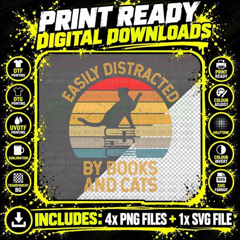 Easily Distracted by Books and Cats T-Shirt Png SVG Digital Bundle