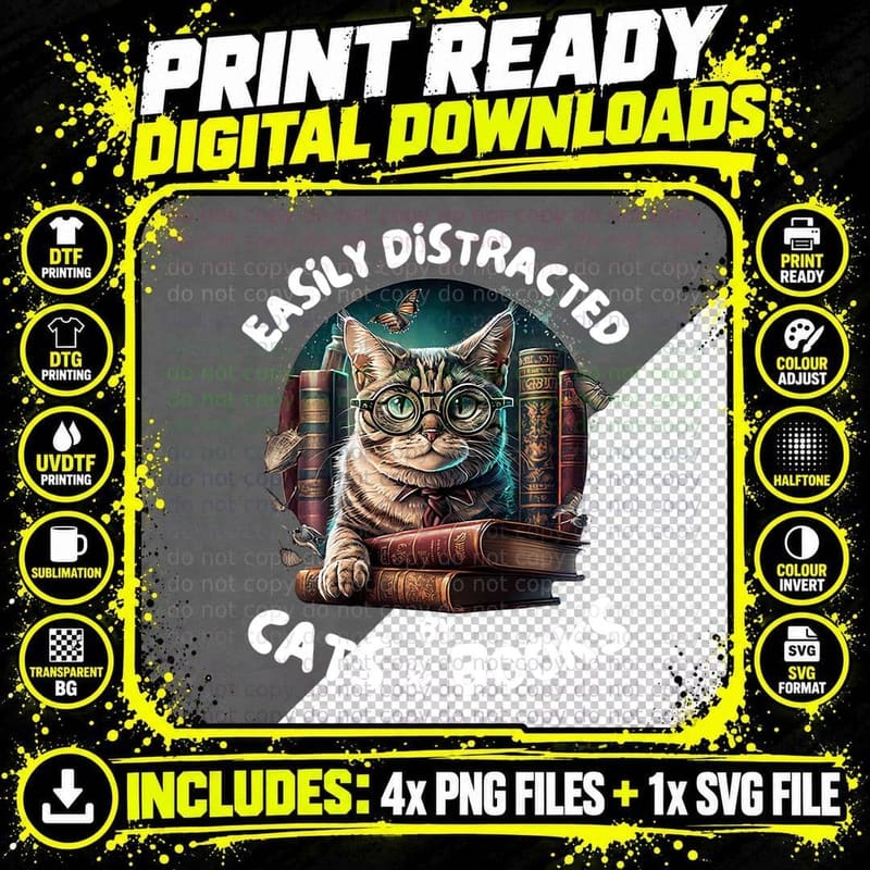 Easily Distracted by Cats and Books Librarians Png SVG Digital Bundle