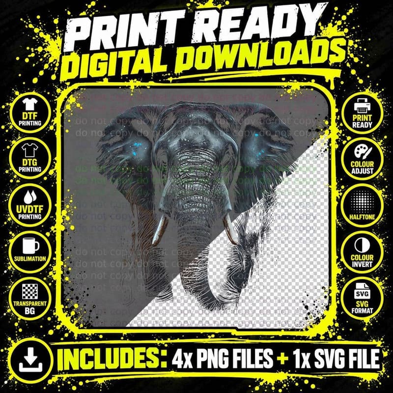 Elephant Face Animal Graphic for Men Women Boys Girls Png SVG Digital Bundle