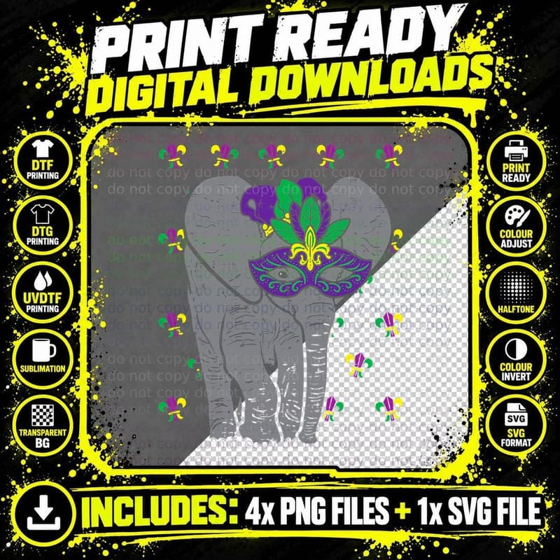 Elephant Mardi Gras Mask Cute Carnival Nola Men Women Png SVG Digital Bundle